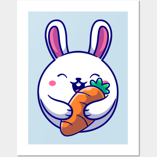 Cute Rabbit Holding Carrot Cartoon Posters and Art